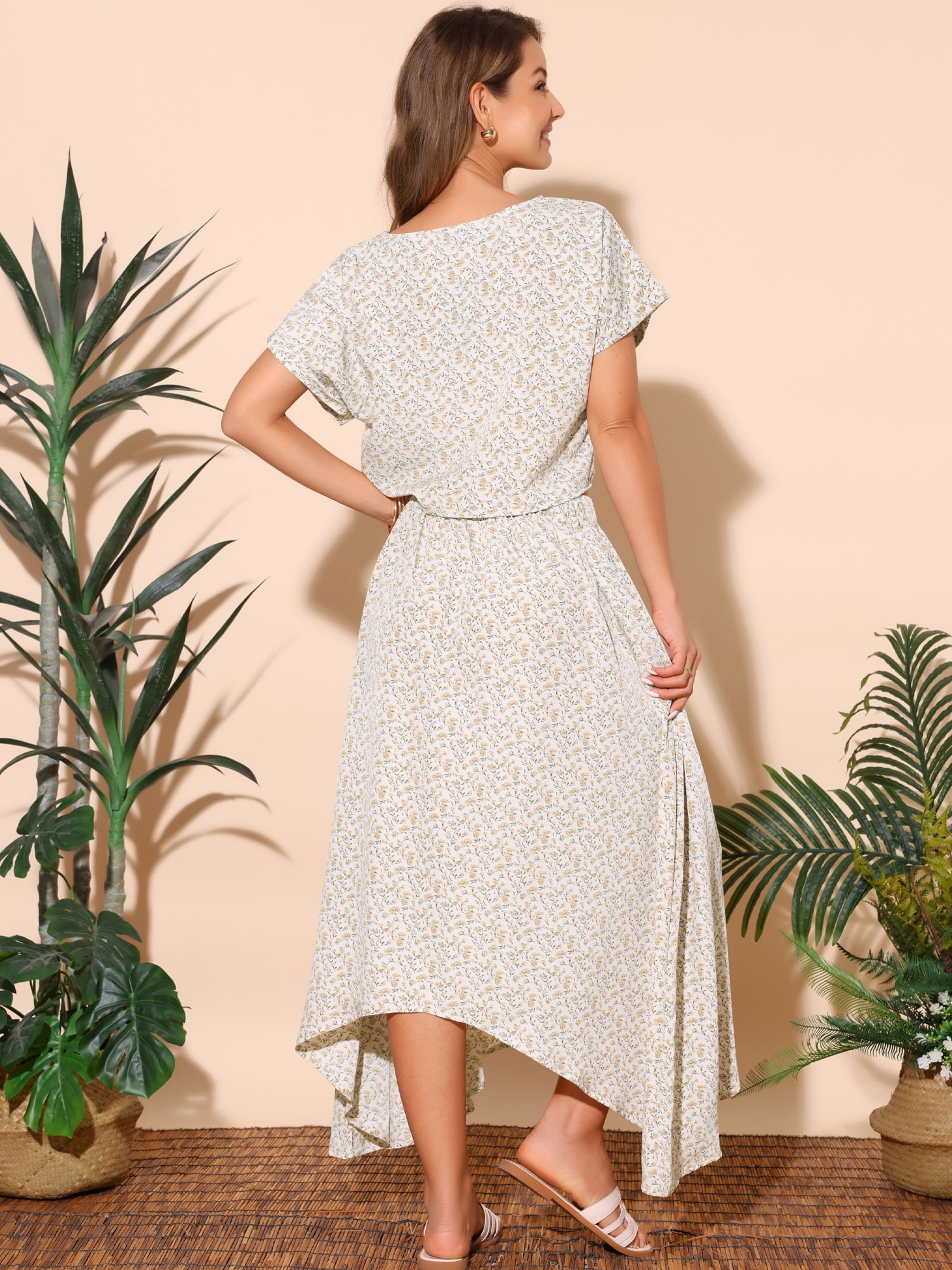 DARING DIVA Women's 2 Piece Casual Floral Dress and Maxi Skirt Set S Apricot