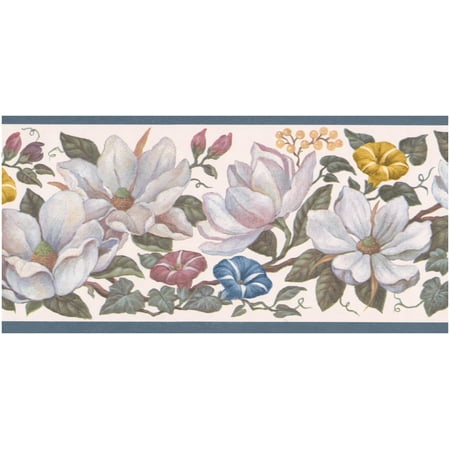 Small Floral Vine Wallpaper - Prepasted Wallpaper Border - White Yellow Red Blue Flowers on Vine Aegean Blue Trim Floral Wall Border Retro Design, Roll 15 ft. x 5 in.