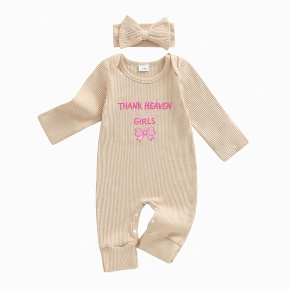 YDFCWXW Baby Girl Outfits Thanks Heaven Girls Jumpsuit Romper Headband Going Home Newborn Set (Beige, 6-12 Months)