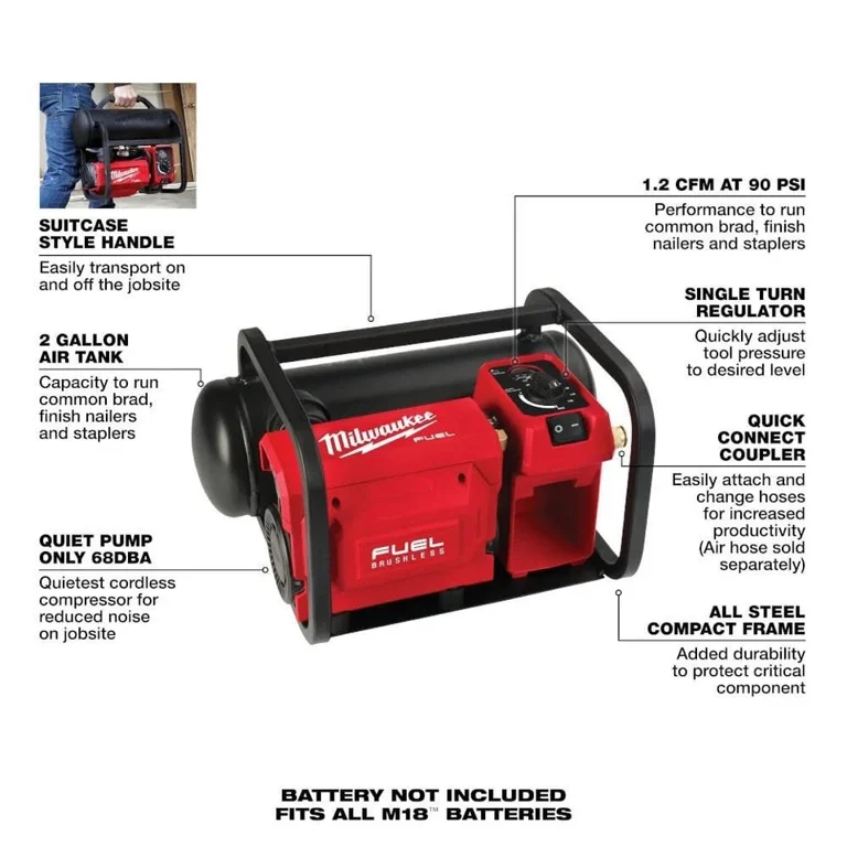 Milwaukee M18 Fuel 2 Gallon Compact Quiet Compressor, Cordless Air