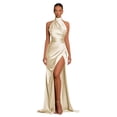 thumbnail image 1 of Vestido Yilis de satén champán con diseño de sirena con abertura, talla 8, 1 of 7