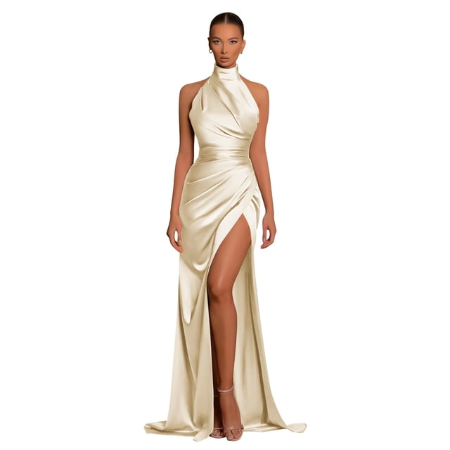 Vestido Yilis de satén champán con diseño de sirena con abertura, talla 8