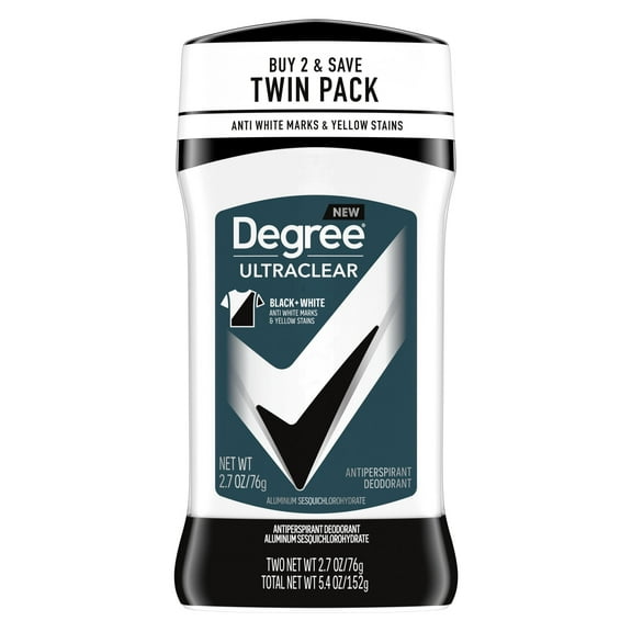Degree Ultra Clear Anti White Marks Men's Antiperspirant Deodorant Stick Black   White, 2.7 oz Twin Pack