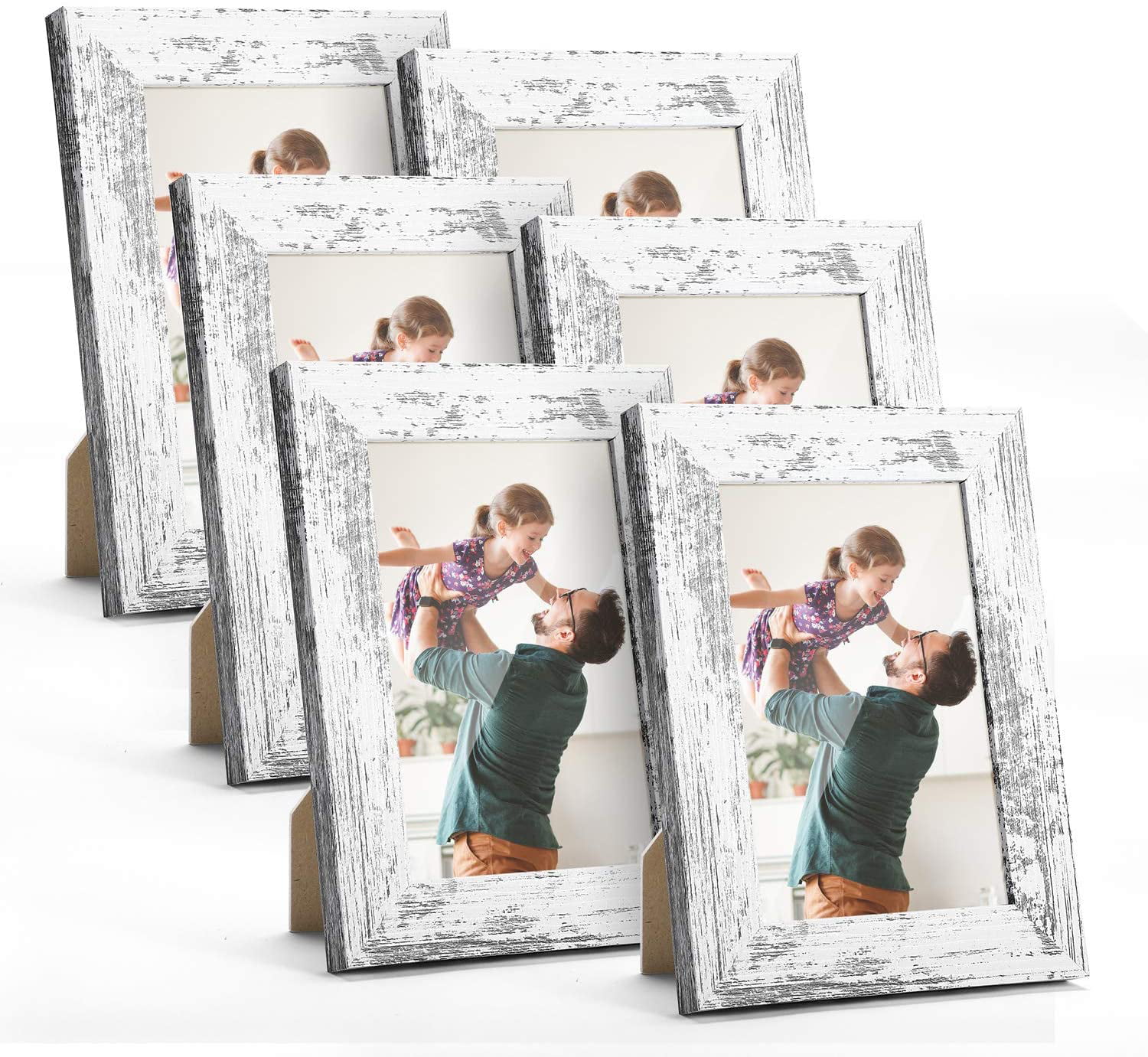 ArtbyHannah 4 x 6 inch 4 Pack Rustic Picture Frame Set in Distressed Wood Grain with High Definition Glass for Table Top Display and Wall Mounting Photo Frame for Farmhouse or Home Decoration