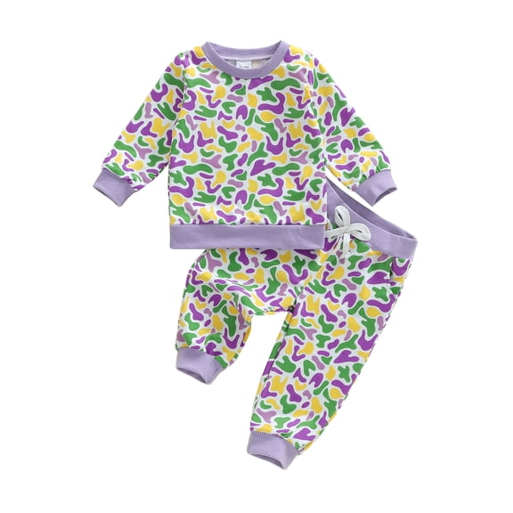 BemeyourBBs Toddler Baby Girl Boy Mardi Gras Outfit Carnival Spring Fall Winter Clothes Camouflage Long Sleeve Sweatshirt with Pants Set