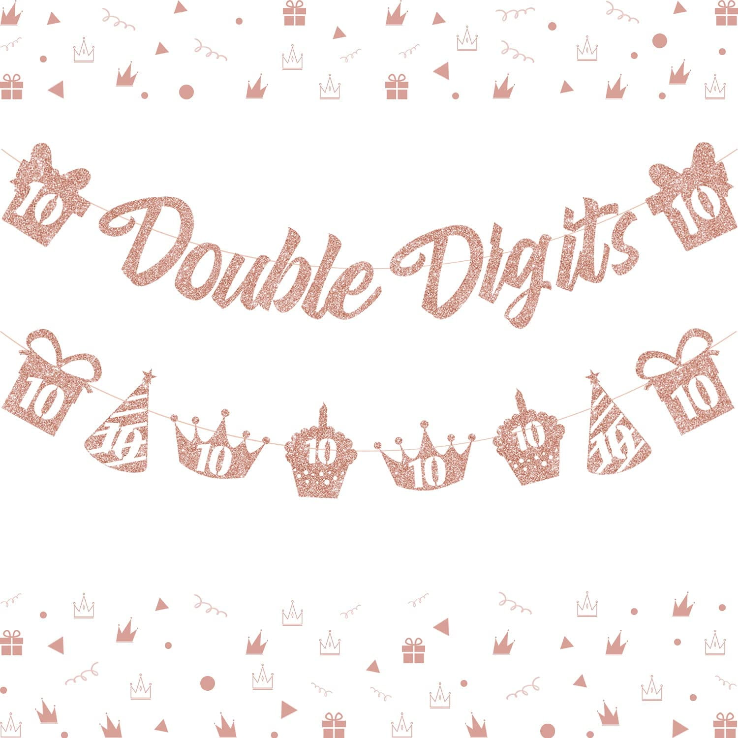 Rose and Gold Double Digits Birthday Banner 10th Birthday Party Decorations for Girls 10 Year Old Happy Birthday Party Supplies Rose Glittering Garland