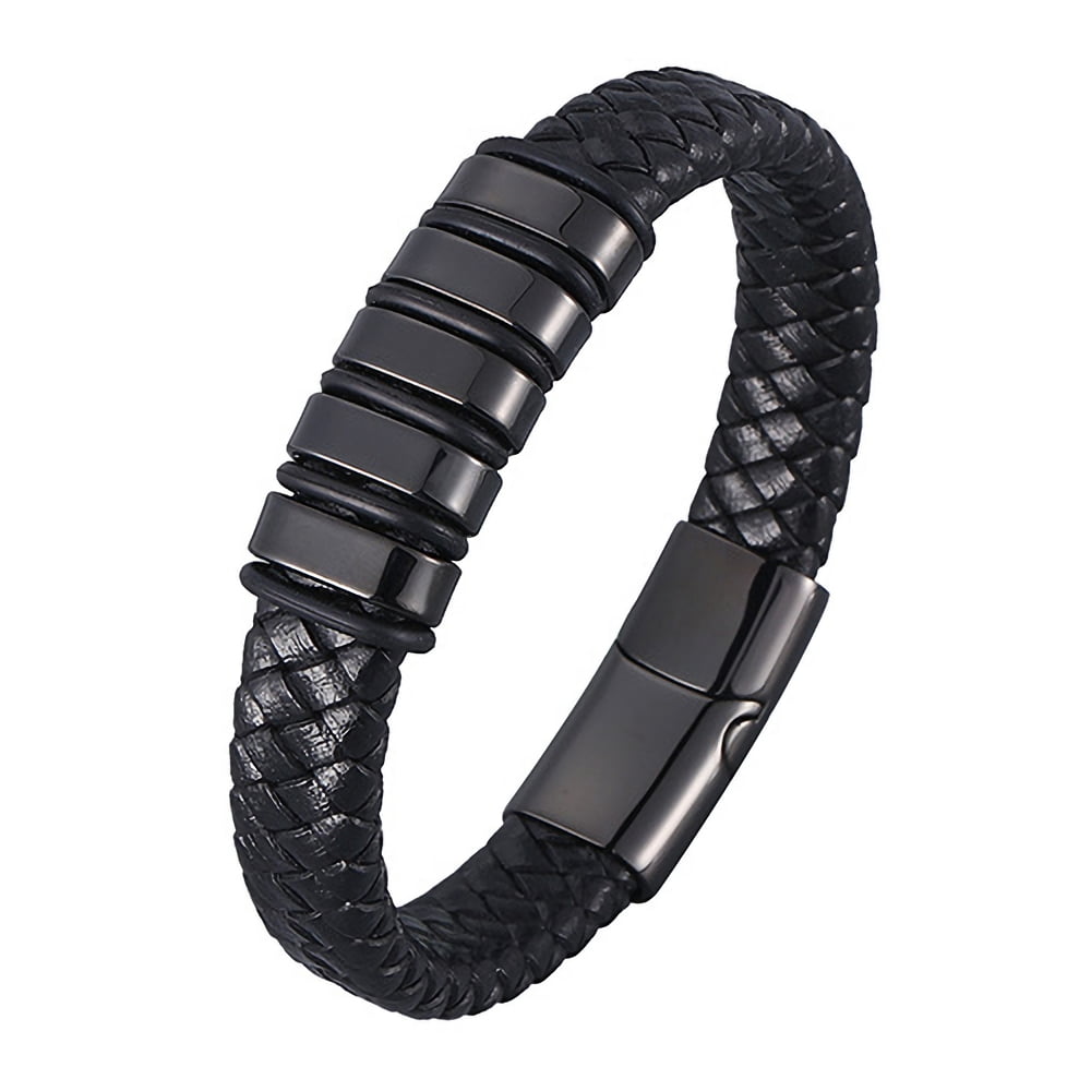 Details about   Mens real leather wrap around wristband bracelet stainless steel clasp 