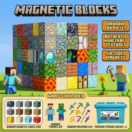 PIKACHY TOYS Magnetic Building Blocks Set ABS Plastic DIY Educational Toy for Kids 7-14 Years Storage Bucket 108 Pieces