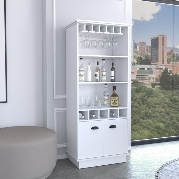 Wine Rack Dundee 70-Inch High 10-Glass Bar Cabinet with 5 Cubbies and 3 Open Shelves and Cabinet White,Wooden Wine Rack