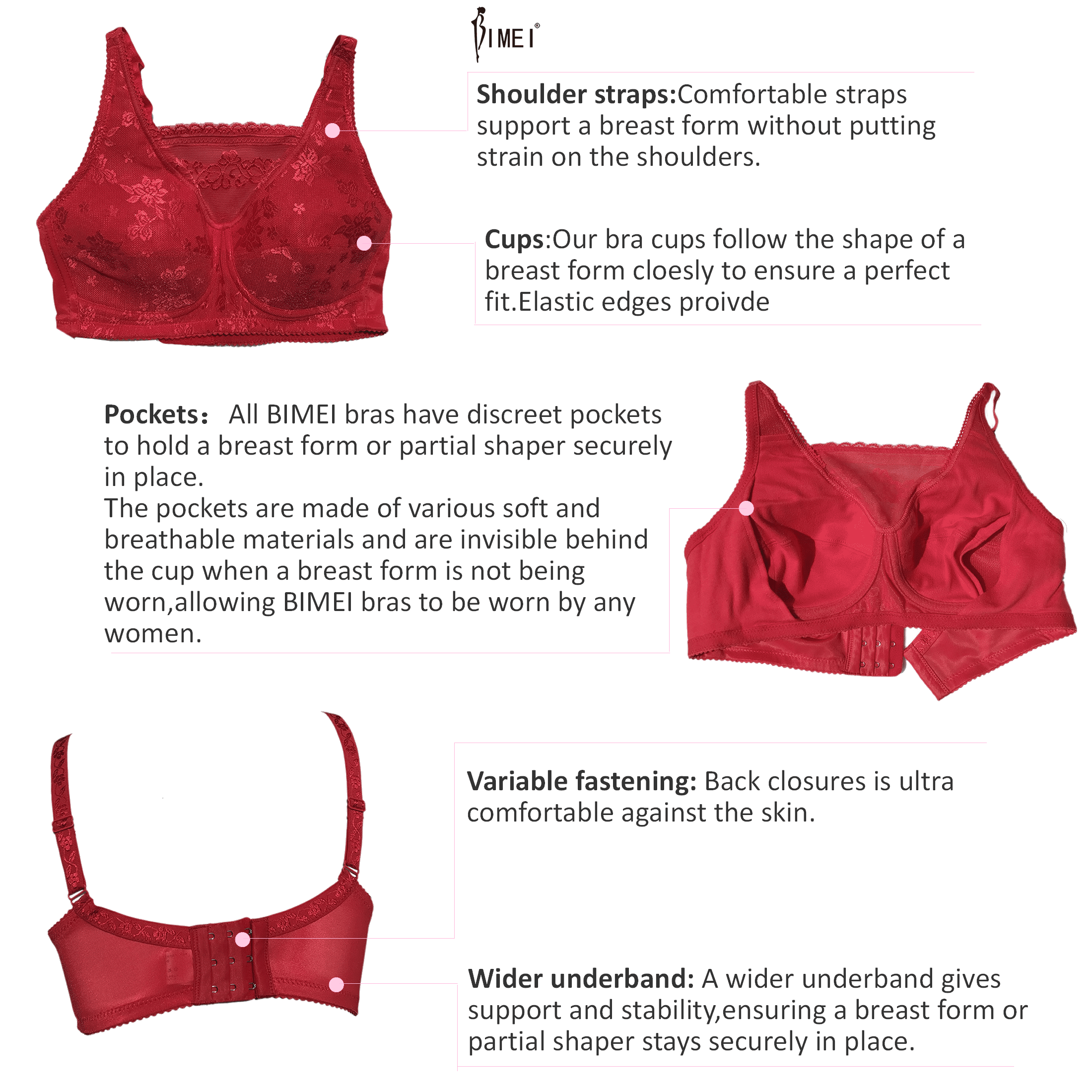 BIMEI Mastectomy Bra with Pockets for Breast Prosthesis Women Wirefree Everyday Bra plus size8103,Red, 48B