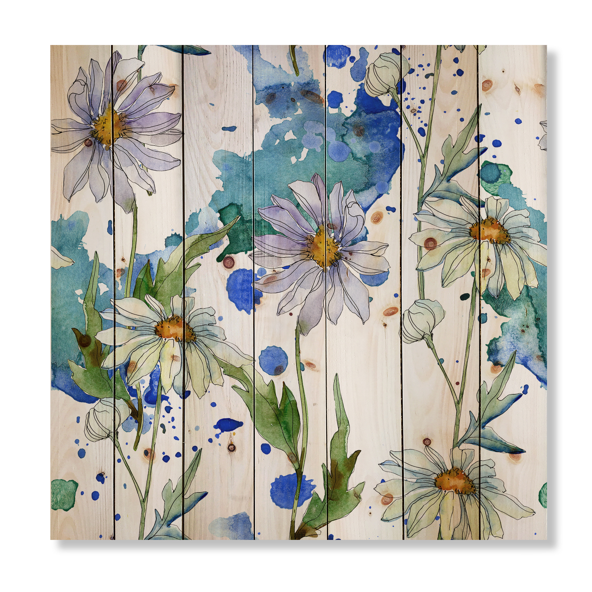 Designart 'Daisies With Green Leaves and Background' Traditional Print on Natural Pine Wood