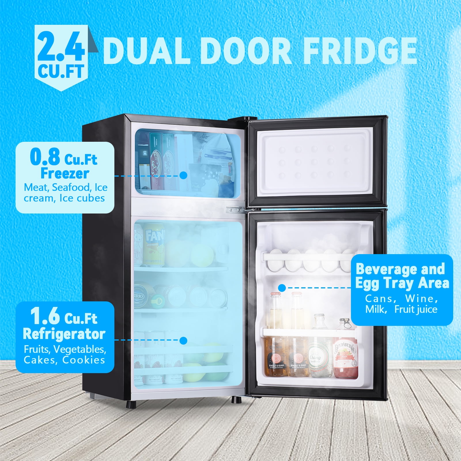 TACOOL Small Refrigerator with Freezer Mini Fridge with Removable Shelves for Bedroom 2.65Cu.Ft, 15"D x 15"W x 31"H Black