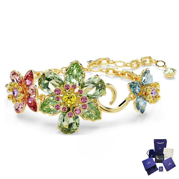 PULSERA BRAZALETE SWAROVSKI IDYLLIA CRISTALES FLOR MULTI COLOR DORADO MUJER + KIT DE REGALO