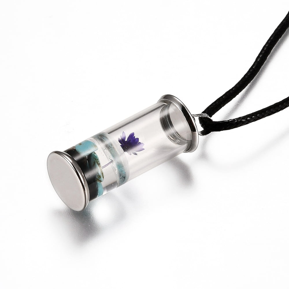 10 pc Glass Wishing Bottle Leather Cord Pendant Necklaces with Dried Flower & Natural Gemstone Chip Beads Inside Platinum Mixed Color 17-3/8 inch(44.05cm)