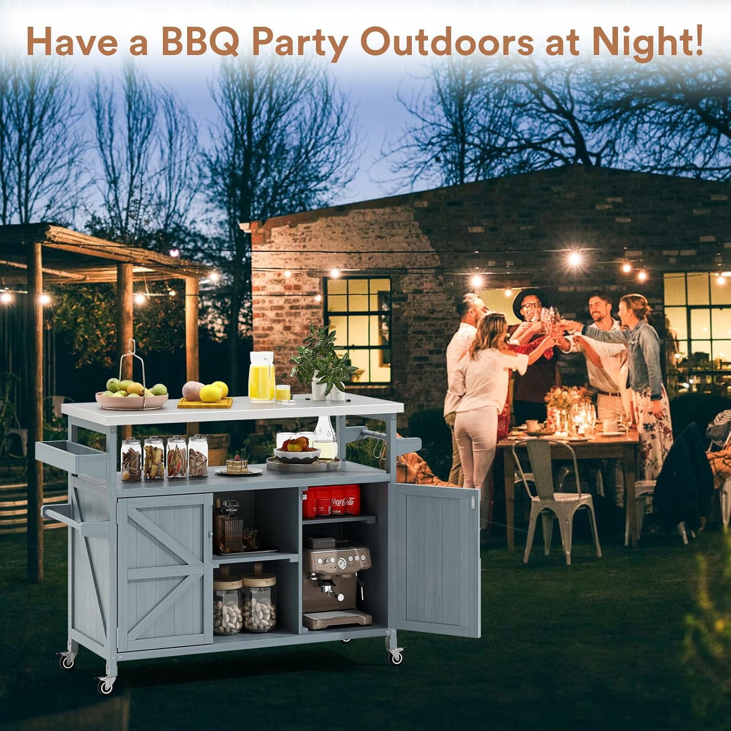 ZIVACATE Outdoor Grill Cart Solid Wood Kitchen Island Stainless Steel Tabletop with Wheels