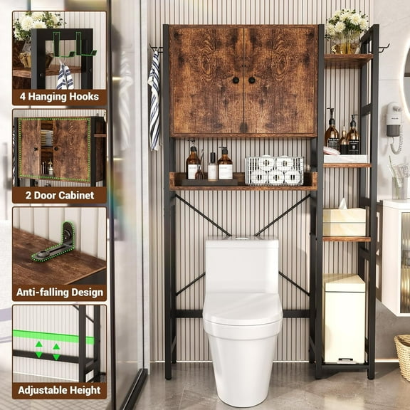 iSunirm Over The Toilet Storage Cabinet with Doors, 7 Tier Freestanding Bathroom Organizer with Adjustable Shelf & 4 Hooks for Bathroom, Restroom, Laundry, Rustic Brown