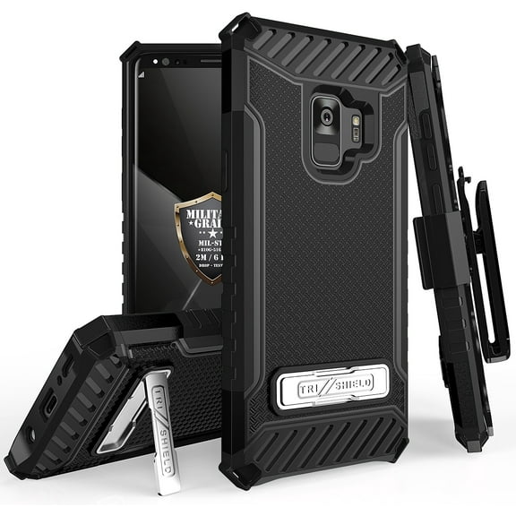 Case with Clip for Galaxy S9, Tri-Shield Rugged Hybrid Cover with Belt Hip/Holster Combo [with Magnetic Kickstand] and [Bonus Lanyard Wrist Strap] for Samsung Galaxy S9, SM-G960