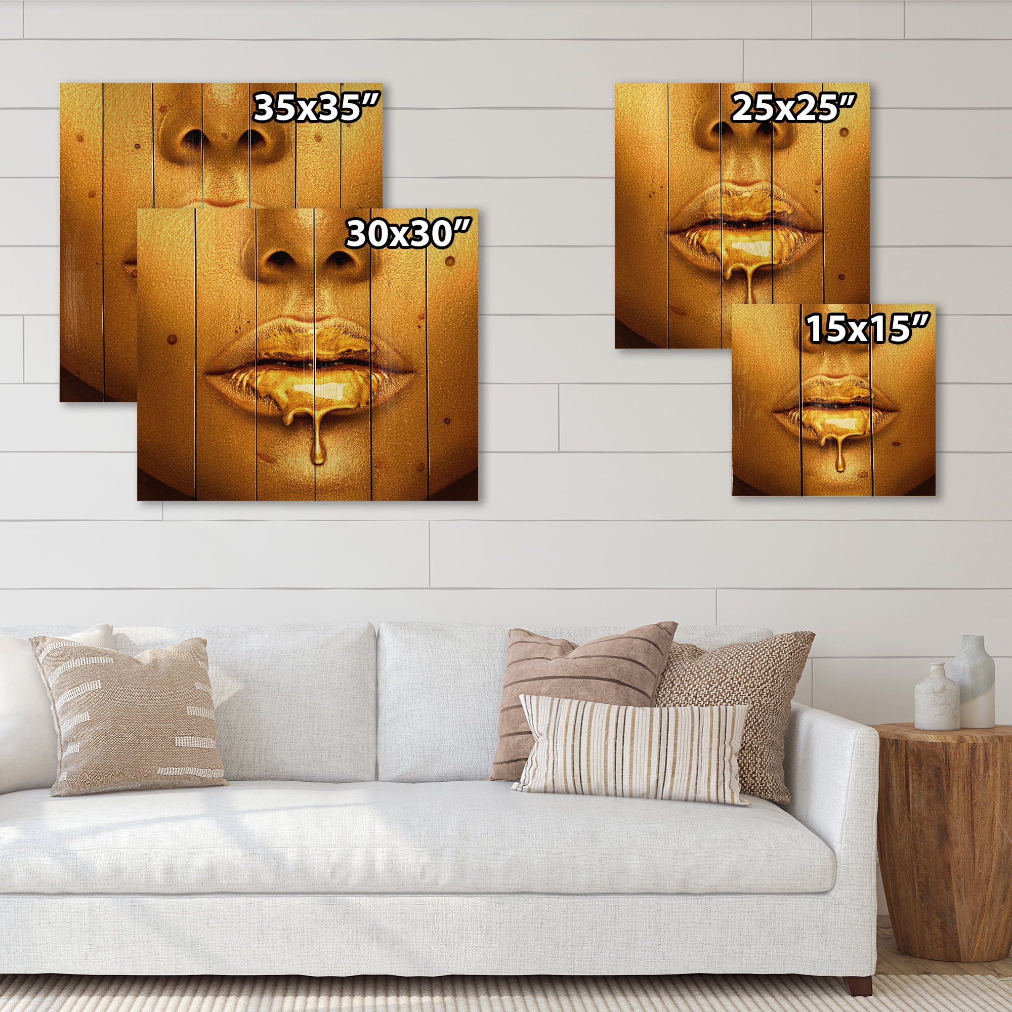 Designart 'Gold Paint Drips From Sexy Girl Lips' Modern Print on Natural Pine Wood