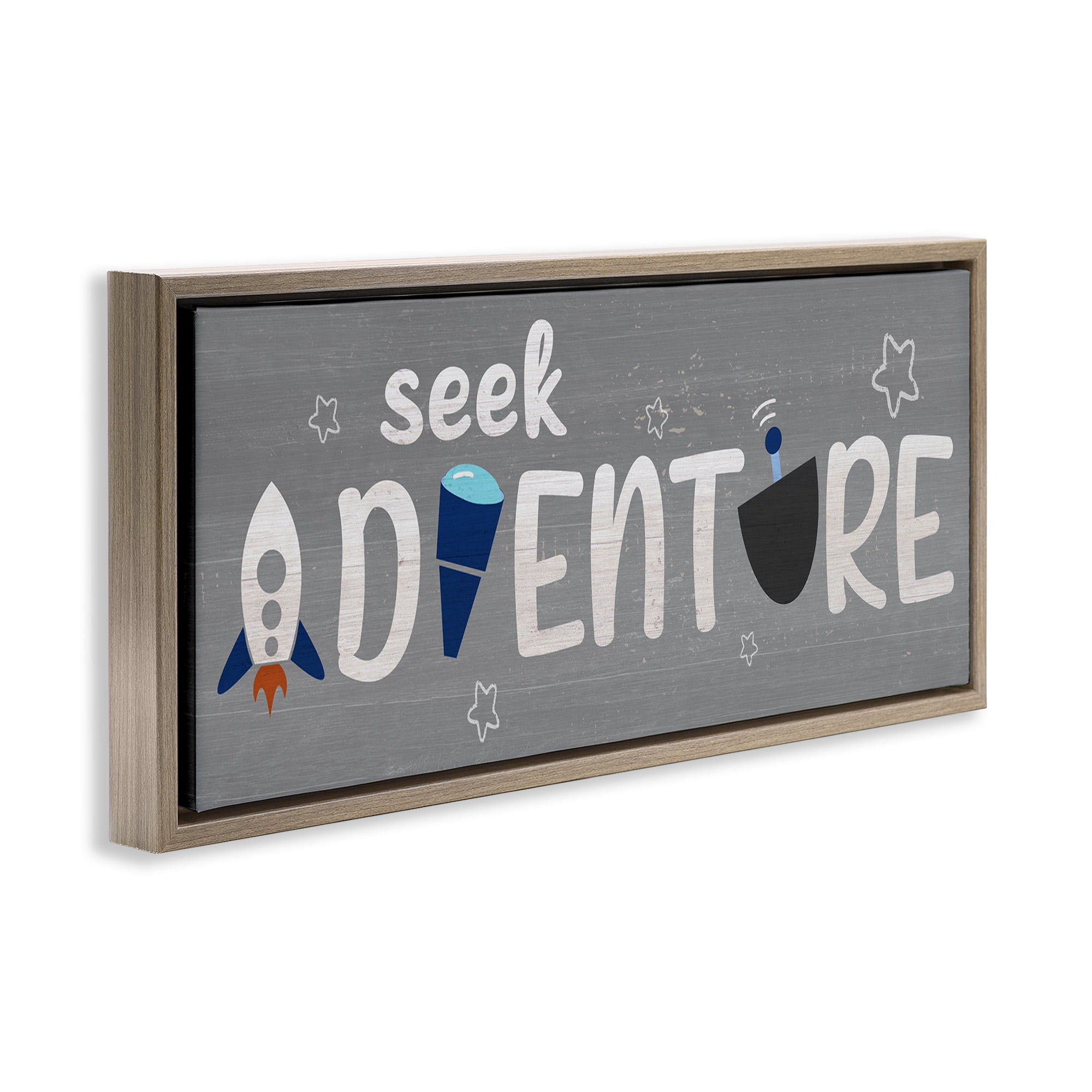 Stupell Industries Seek Adventure Imagination Sentiment Art for Kids Painting Brown Floater Framed Canvas Art Print Wall Art, 31 x 14