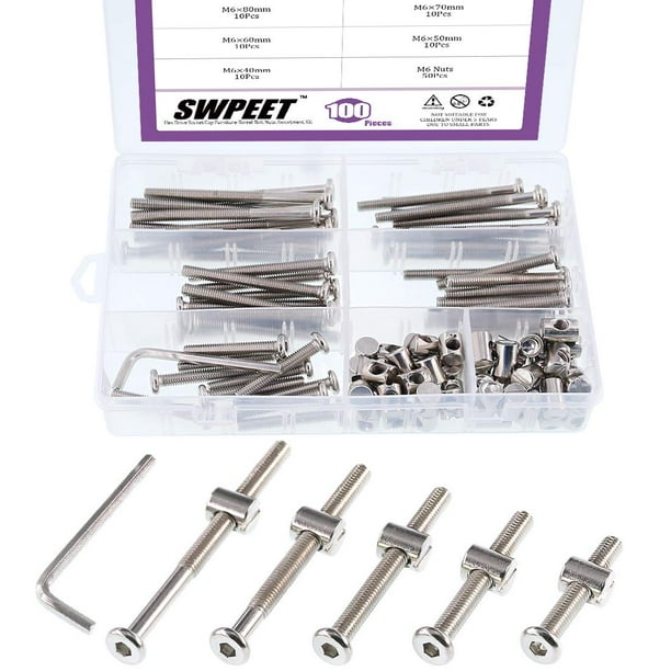 Tornillos Swspeet para cuna, 100 unidades, chapados en níquel M6 con llave