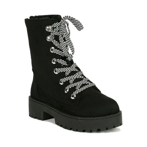 Women Faux Suede Striped Lace Up Lug Sole Combat Booties 19278