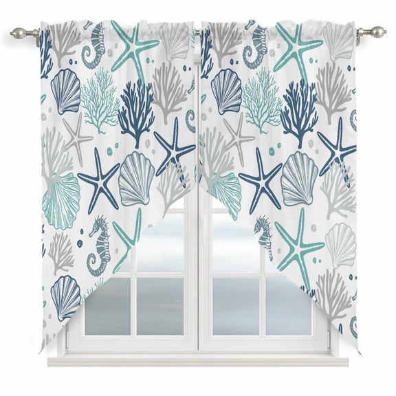 Blue Teal Coastal Kitchen Window Curtains, Swag Curtains Valance for Bedroom Living Room Bathroom, Summer Beach Starfish Coral Nautical Rod Pocket Window Curtain Block Drapes 2 Panels 36"x45"