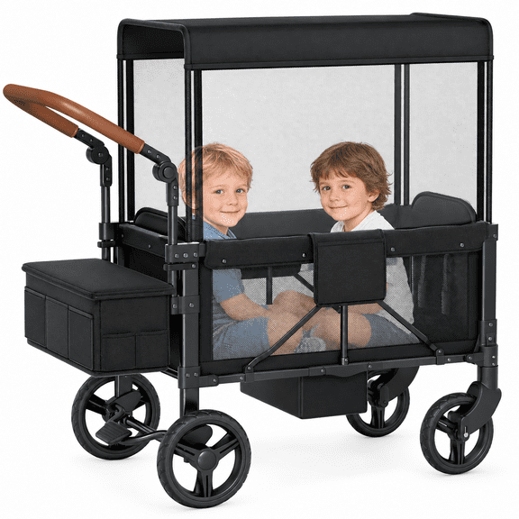 Vipsafe Foldable Wagon Stroller for 2 Kids, All-Terrain Baby Wagon with Canopy, 5-Point Harness, 9-Level Adjustable Handlebar, Mesh Windows and Foot Brake