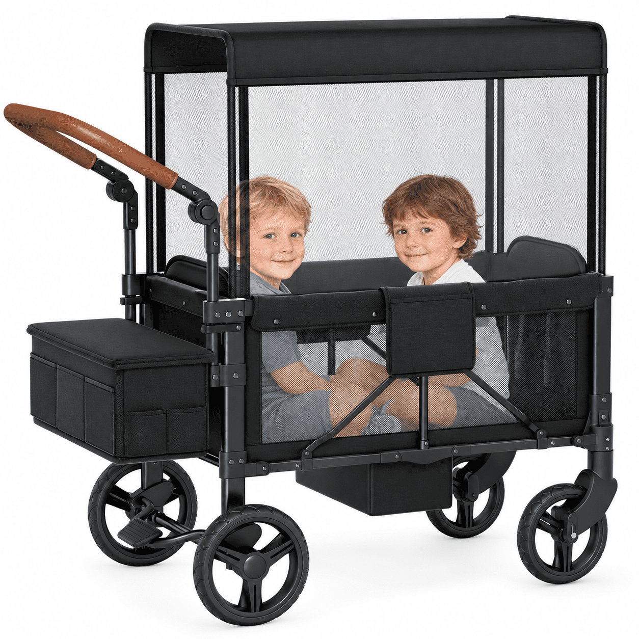 Vipsafe Foldable Wagon Stroller for 2 Kids, All-Terrain Baby Wagon with Canopy, 5-Point Harness, 9-Level Adjustable Handlebar, Mesh Windows and Foot Brake