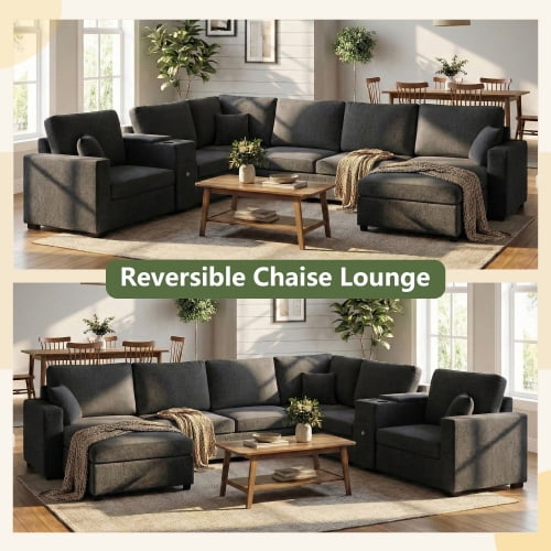 134" U-Shape Modular Sectional Sofa, 5-Seat Couch with Chaise Lounge, Deep Seat, Built-In Cup Holders, Storage Drawer and Pillows, Black
