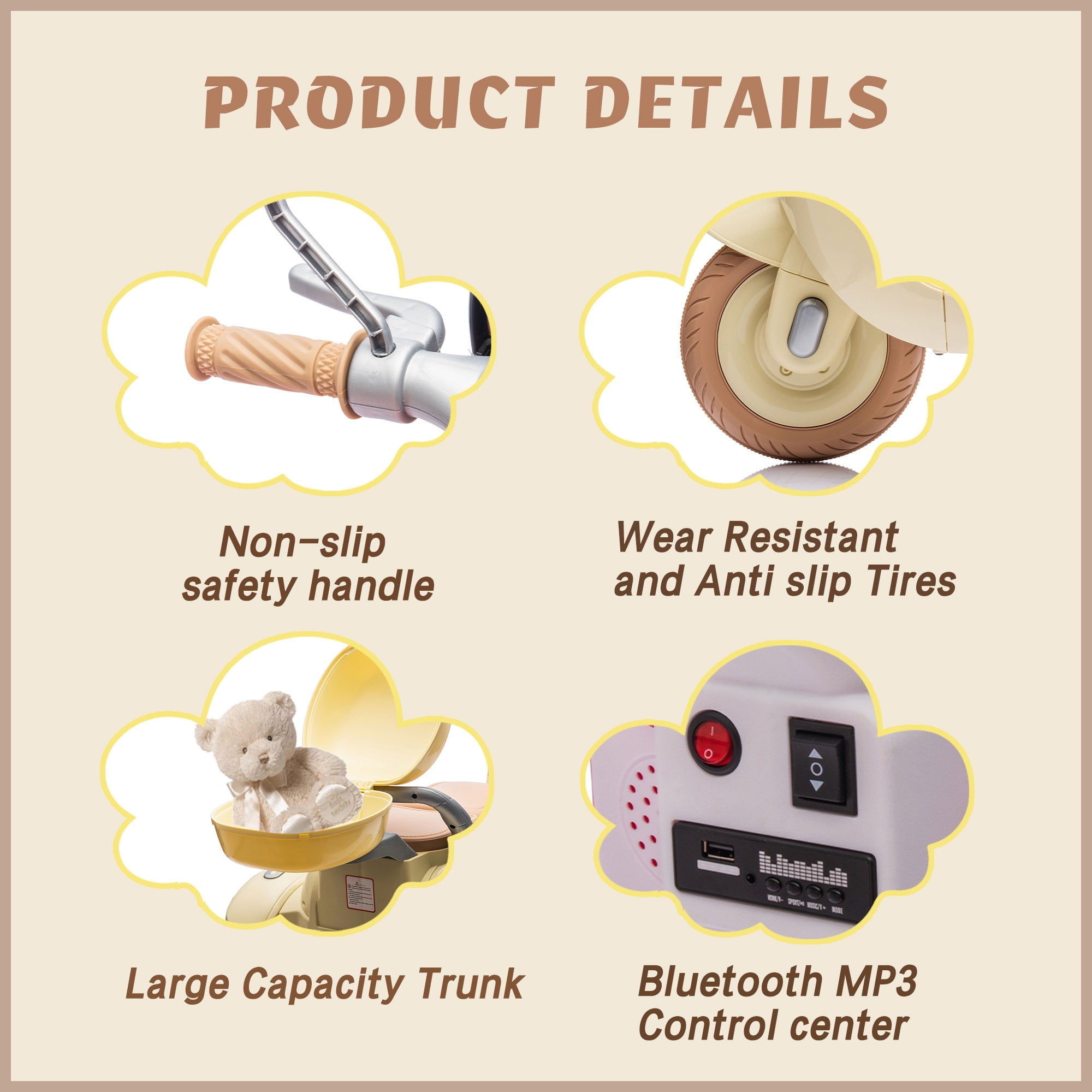 Xuanlur 12V Kids Electric Motorcycle, 3 Wheel 2 Seater Ride on Motorcycle w/Remote Control, 25W*2 Motors Electric Motorcycle w/Big Storage Box, Music, Horn, Light, Ride on Toys for Kids 3-8, Beige
