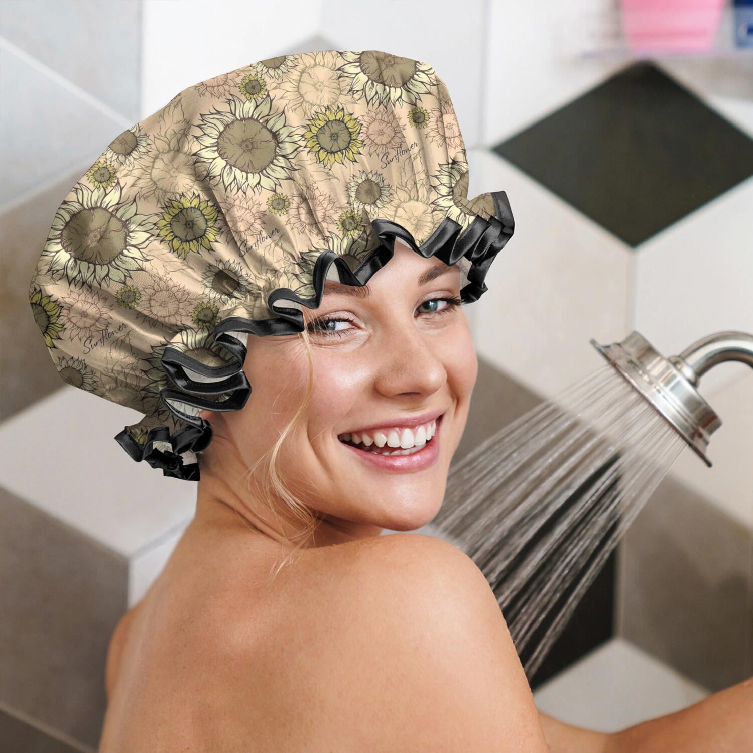 Shower Caps,Beige Sunflower Small Flower Pattern Waterproof Shower Cap for Women 4 Pieces,Double Reusable Hair Cover for Shower PEVA Elastic Stretch Hem