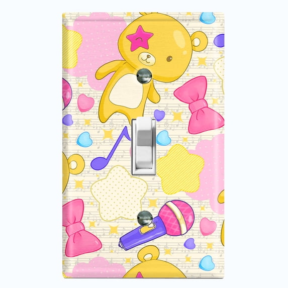 Metal Light Switch Wall Plate Outlet Cover (Yellow Teddy Bear Karaoke Hearts Music Bow - Single Toggle)