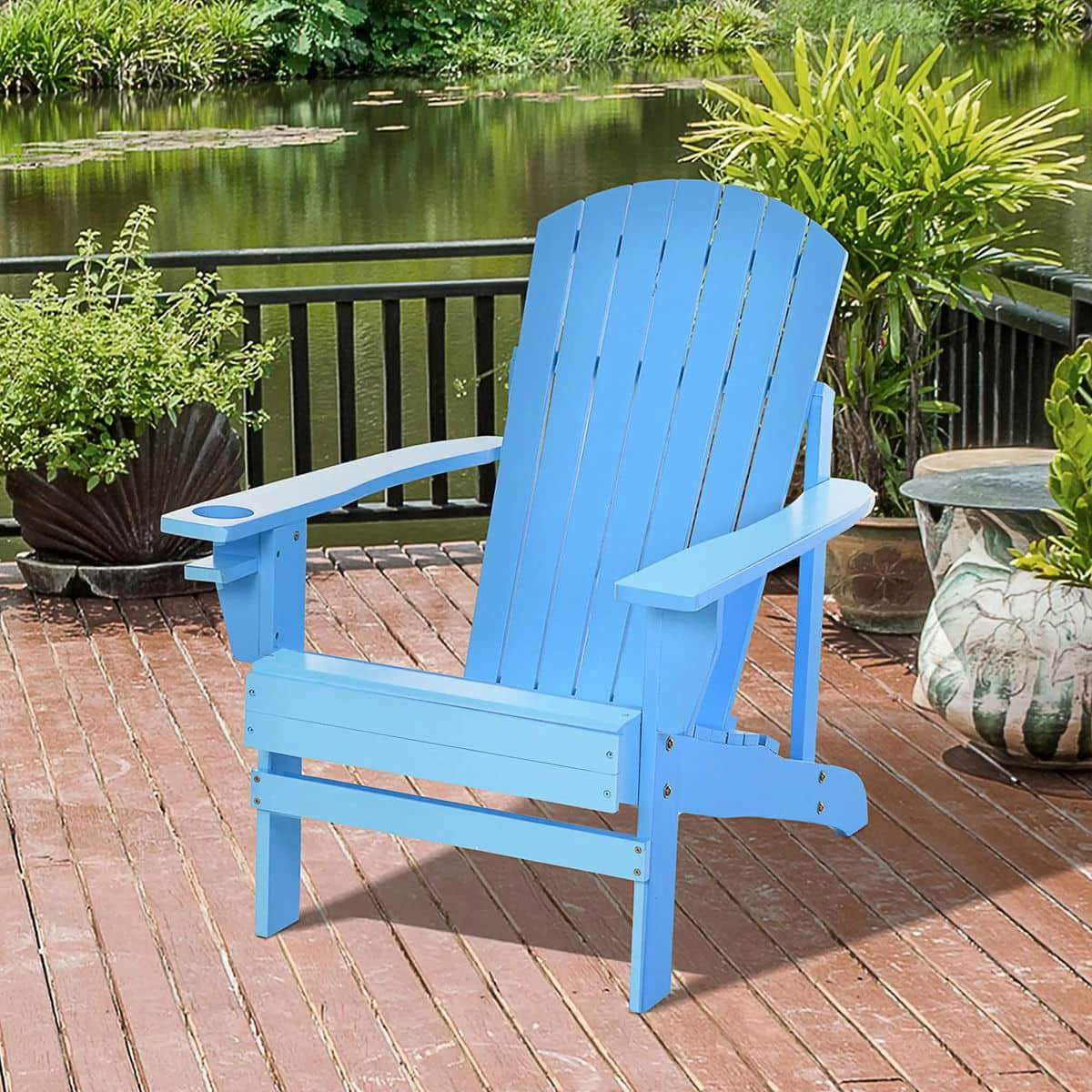 YYAo Patio Chairs, Patio Adirondack Chairs,Oversized Adirondack Chair, Outdoor Fire Pit and Porch Seating, Classic Log Lounge w/ Built-in Cupholder, Blue