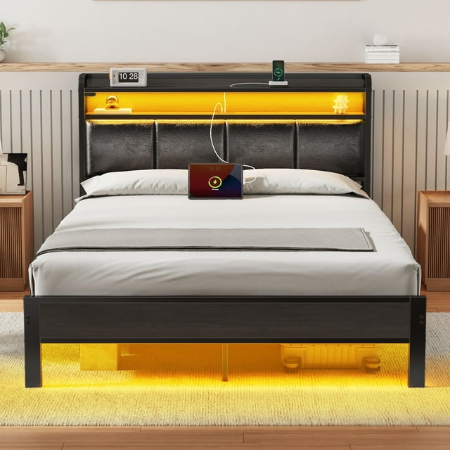 Greenstell Full Size Bed Frame with Storage Headboard, Upholstered Bed with Charging Station,Black