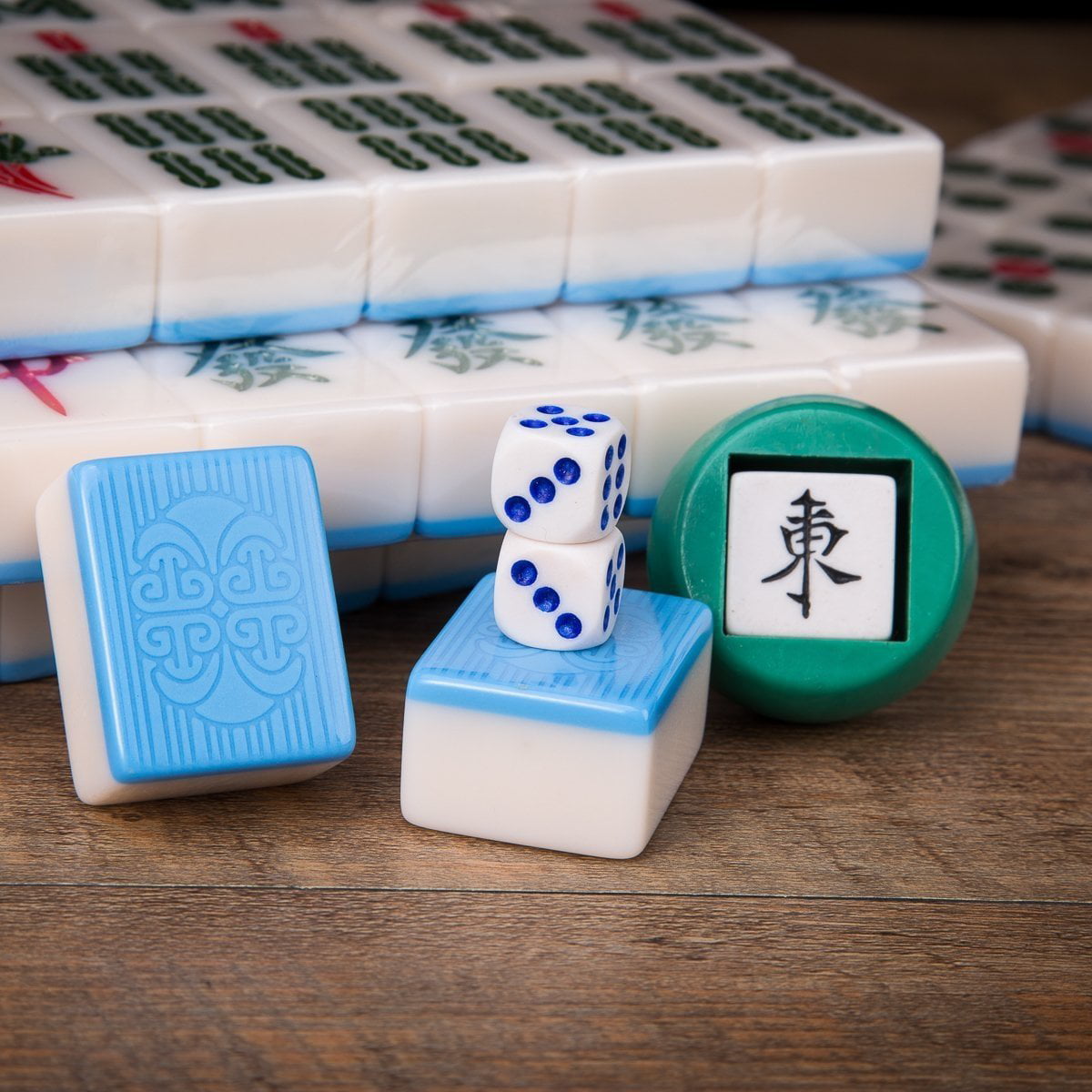 144 Blue Tiles Chinese Mahjong Silver Aluminum Case with Pushers and Cover Set 