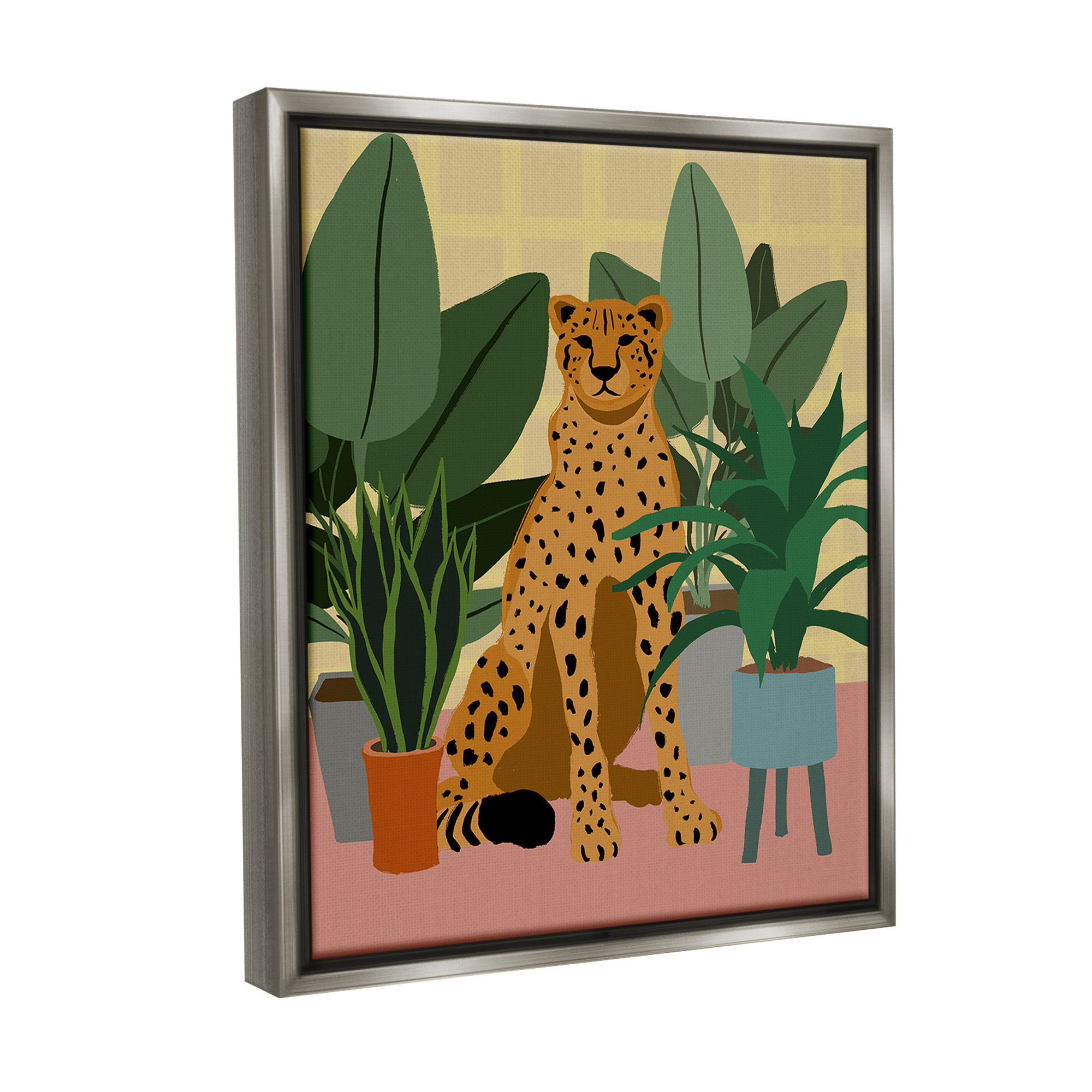 Stupell Industries Modern Leopard & Plants Animals & Insects Painting Gray Floater Framed Canvas Art Print Wall Art, 17 x 21
