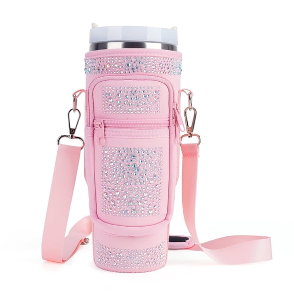 APHISON Water Bottle Carrier, Bling Rhinestone, Adjustable Shoulder Strap, Neoprene Sleeve with 2 Pockets for Hiking and Travel - Pink With Pouch