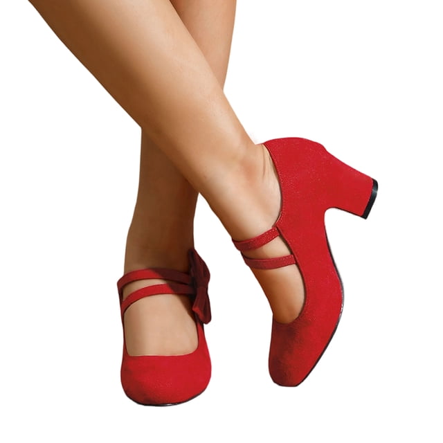 YOUYEDIAN Chaussures de Danse pour Femmes Été Robe à la Cheville à Brides Talons Épais Chaussures Mary Jane Confortables Rétro Bout Fermé Talon Bas Escarpins de Mariage Soirée (Rouge)
