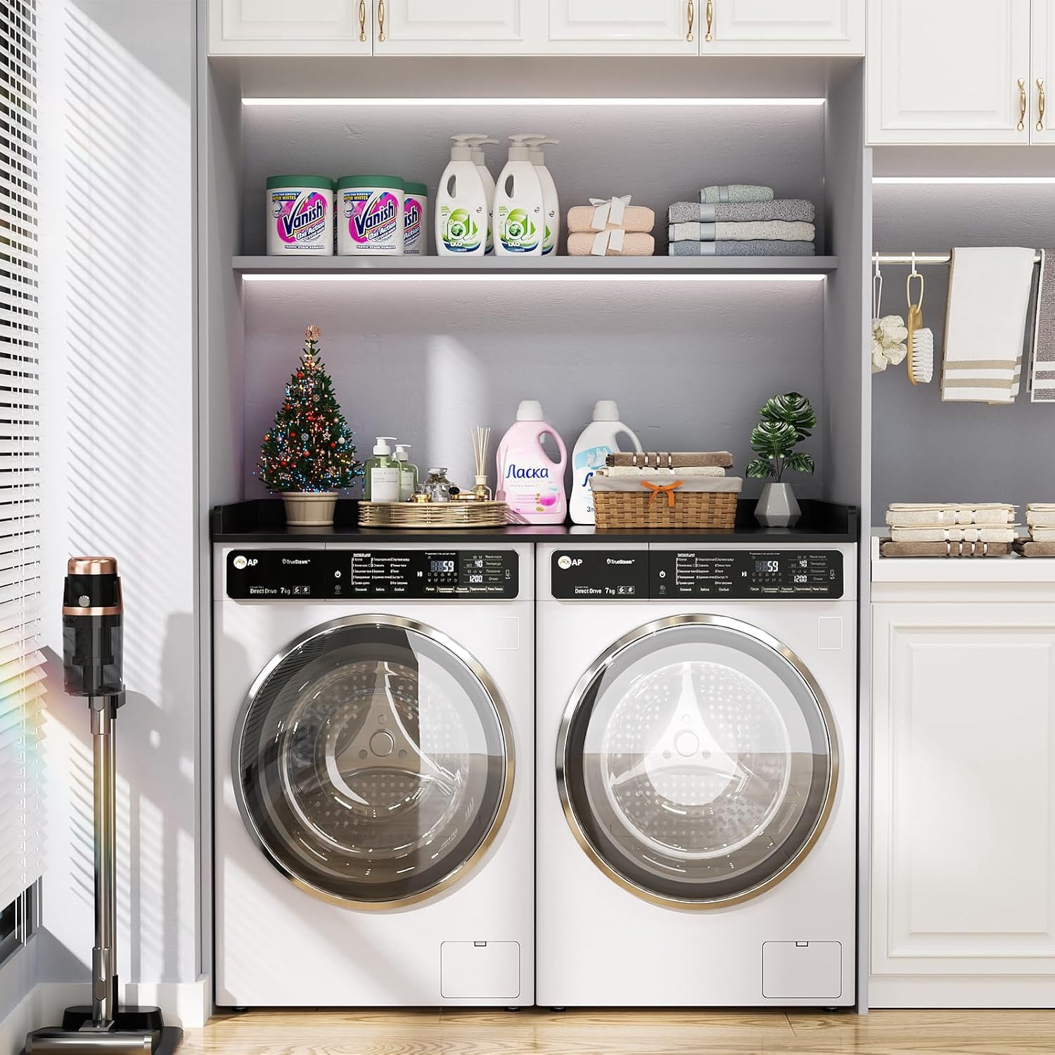 Homieasy Washer and Dryer Countertop, Laundry Room Organization with Non-Slip Pads, Wood Shelf Topper with Round Corner Edge Rails, Laundry Folding Organizer for Laundry, Black