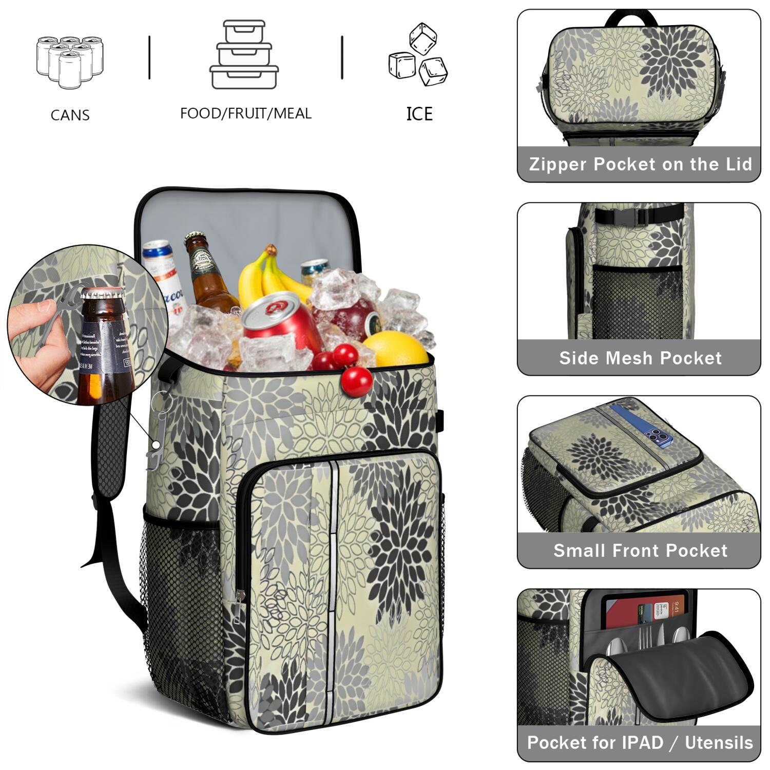 Travel Cooler Bag - Boho Bohemia Pioneer Flower Art Camping Beer Cooler Backpack with Bottle Opener- Waterproof Insulated Picnic Backpacks - Cooler Bag for Beach