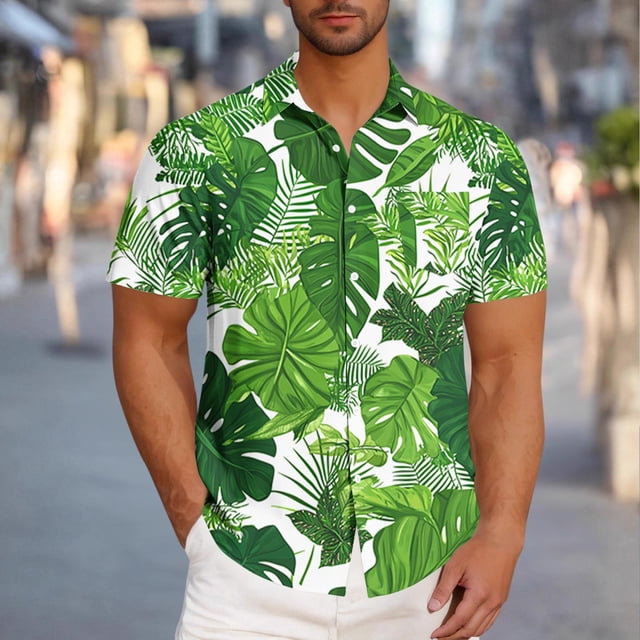 Blusa y camisa de manga corta con cuello vuelto para hombre, blusa informal de moda con cuello vuelto, blusa estampada de manga corta con botones, blusa de poliéster para hombre