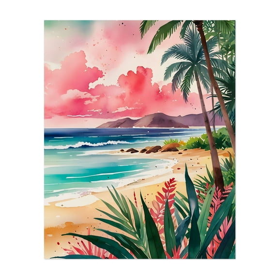 Sandy Toes - Painting Tropical Beach Seascape Palm Tree Watercolor Sunset Coastal Unframed Wall Art Print 6 x 8 inches