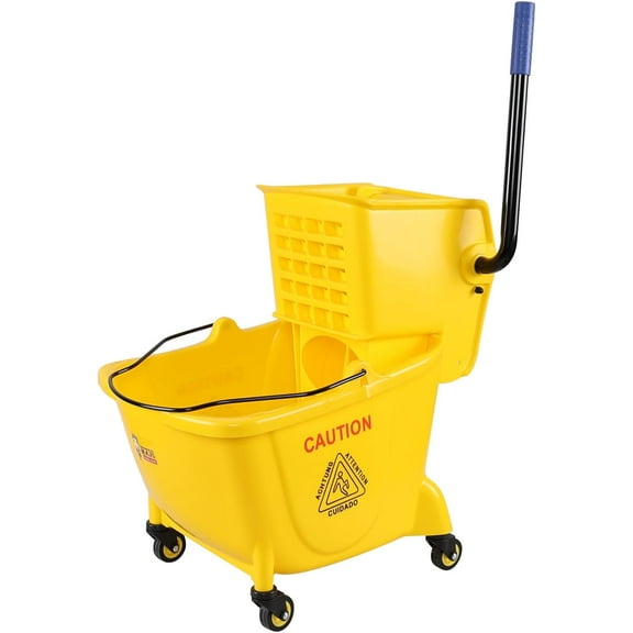 26 Quart Commercial Mop Bucket with Wringer on Wheels, Mop Bucket with Side Press Wringer for Home Business Cleaning, Yellow