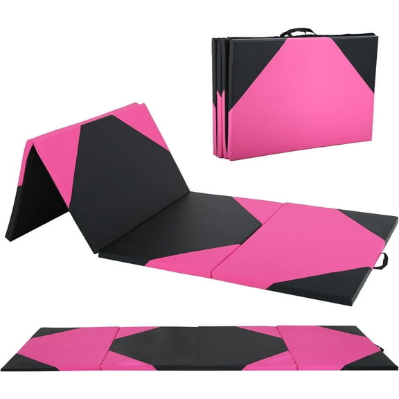 FDW 4'x10'x2" New Folding Panel Gymnastics Mat, Perfect for Indoor/Outdoor Exercise(Pink and Black)