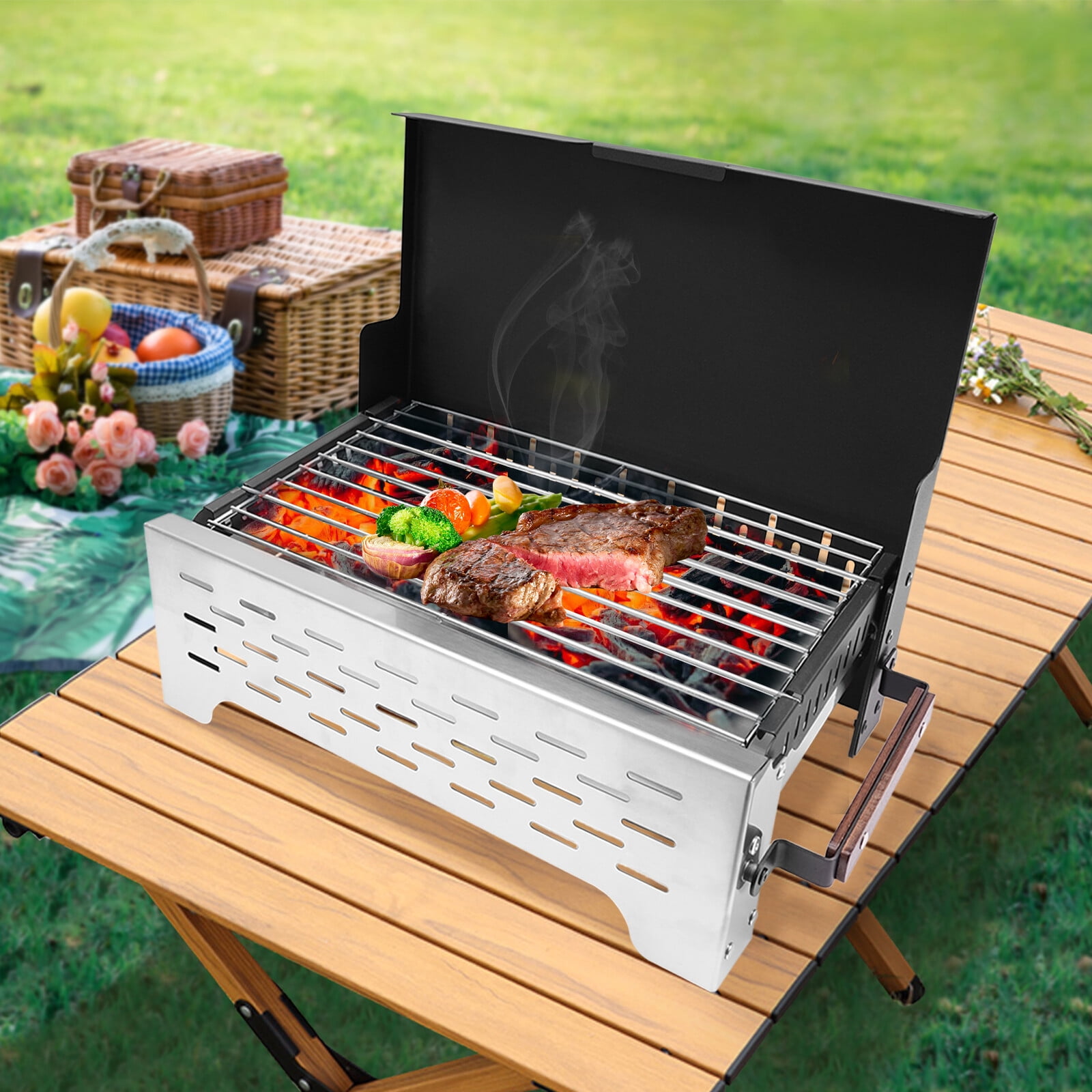 Charcoal Grill, Heavy Duty Iron Stainless Steel Grill with 4 Side Vents, Portable Charcoal BBQ for Outdoor Cooking Patio