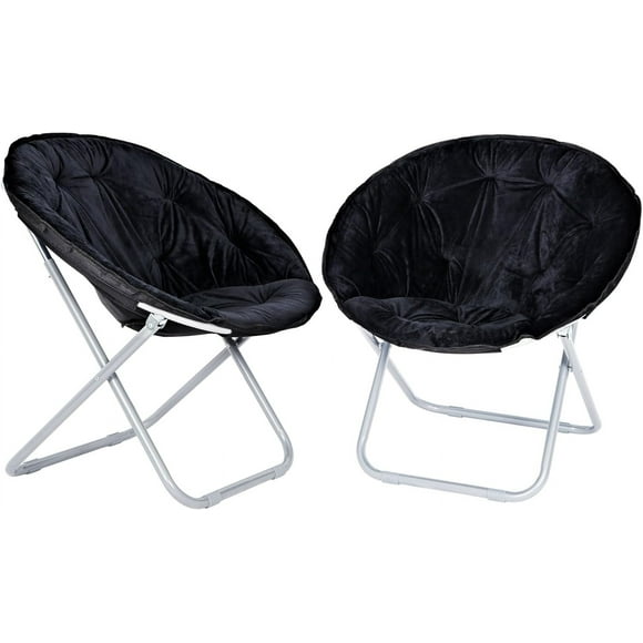 JJUN Comfy Foldable Chair for Bedroom, Adults Kids Portable Faux Fur Round Chair for Living Room Dorm Room Apartment (2 Pack, Black)