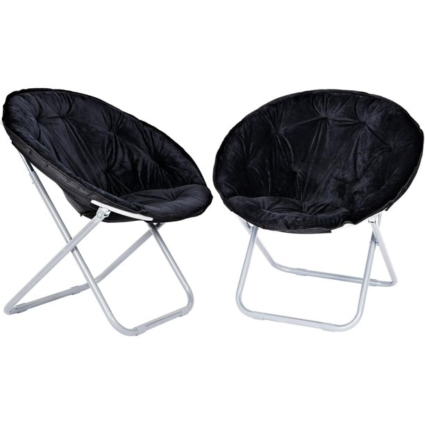 JJUN Comfy Foldable Chair for Bedroom, Adults Kids Portable Faux Fur Round Chair for Living Room Dorm Room Apartment (2 Pack, Black)