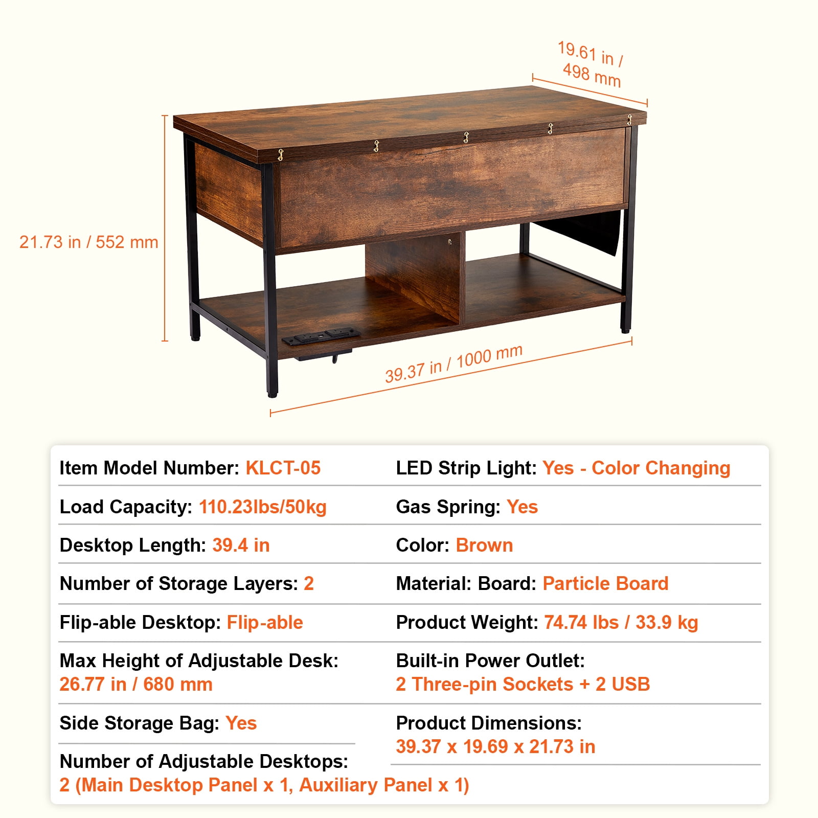 KFFKFF Coffee Table with Lift Top, 39.4 in Rectangular Design, Includes Additional Storage Compartments, Features Flip Top, Power Outlets, USB Ports & Soft Glow Lights, Ideal for Living Spaces