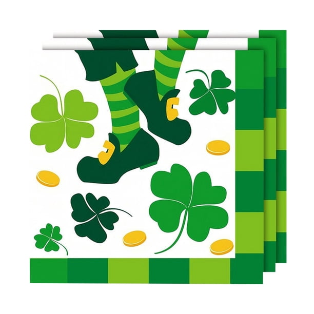 Penkiiy Plato de fiesta de San Patricio& Napkin Set Green Shamrock Plaid Plates (Edición española)& Green Shamrock Plaid Paper Napkin, diseño de trébol para el día de San Patricio