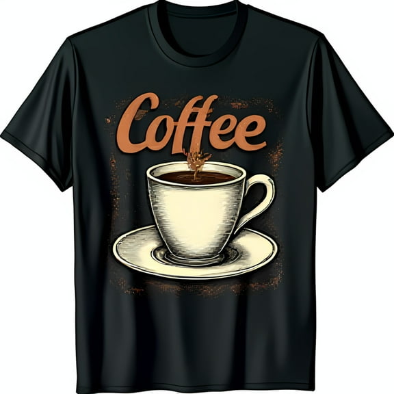 Vintage Coffee Cup Illustration T-Shirt Retro Hand Drawn Design on Black Tee